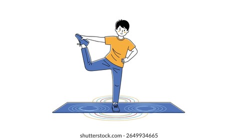 Man practicing yoga balancing pose on blue mat performing dancer pose exercise for physical fitness and well-being