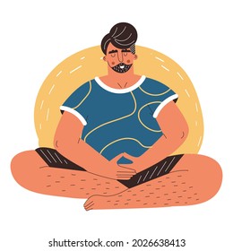 Hombre practicando yoga y control del aliento. Joven practicando meditación, ejercicios respiratorios, relajándose en la pose del loto de yoga. Calma y equilibrio mental. Ilustración de dibujos animados de vector plano, aislados en blanco