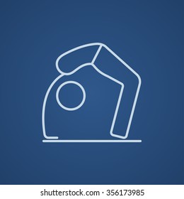 A man practicing yoga chakrasana pose line icon for web, mobile and infographics. Vector light blue icon isolated on blue background.