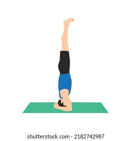 Man practicing yoga concept, standing in salamba sirsasana exercise, headstand pose, working out, Flat vector illustration isolated on white background