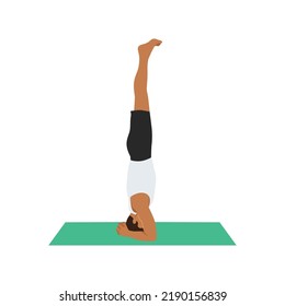 Man practicing yoga concept, standing in salamba sirsasana exercise, headstand pose, working out, Flat vector illustration isolated on white background