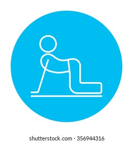 A man practicing yoga cow pose line icon for web, mobile and infographics. Vector white icon on the light blue circle isolated on white background.