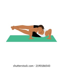 Man Practicing Yoga, Doing Arm Stand Astavakrasana, Asymmetrical Arm Balance Eight-Angle Pose. Flat Vector Illustration Isolated On White Background