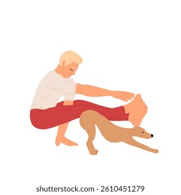 Man practicing yoga exercise with cute cat at home. Happy person doing stretching workout with pet. Young male working out with dog. Flat vector illustration isolated on white background