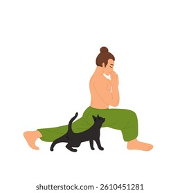 Man practicing yoga exercise with cute cat at home. Happy person doing stretching workout with pet. Young male working out with dog. Flat vector illustration isolated on white background