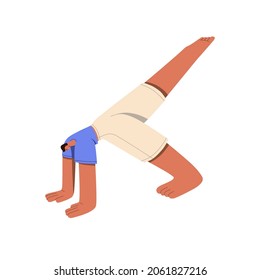 Man practicing yoga exercise, standing in asana, one-legged downward-facing dog pose. Stretching workout for healthy body. Guy in yogi position. Flat vector illustration isolated on white background