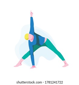 Man practicing yoga, Guy standing in triangle position. Male athlete character in sportswear performing utthita trikonasana pose. Healthy lifestyle and relaxation. Flat design vector illustration