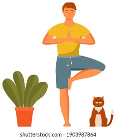 Man practicing yoga. Guy is standing in a tree pose. Person doing assana vector illustration. Yoga class at home. Cat looks at the guy. Male character meditating with closed eyes on white background