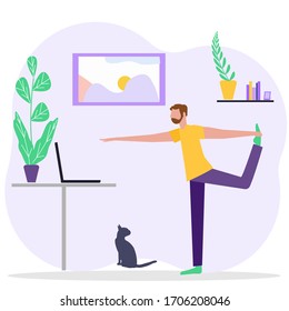 A man practicing yoga at home with a tv lesson. Concept of Coronaviruses pandemic, quarantine in the store social distancing epidemic precautions, self isolation. For web banner, poster, social media