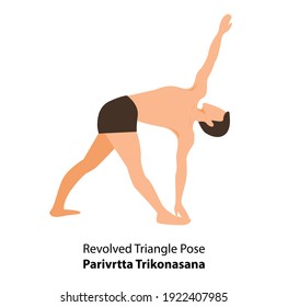 Man practicing yoga isolated on white background. Man doing yoga. Man standing in Revolved Triangle Pose Yoga or Parivrtta Trikonasana, Vector Illustration. Twisting Triangle  Yoga Pose
