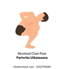 Man practicing yoga isolated on white background. Man doing yoga. Man standing in Twisting Awkward Pose  or Revolved Chair Pose, Parivrtta Utkatasana. Yoga Poses Vector Illustration