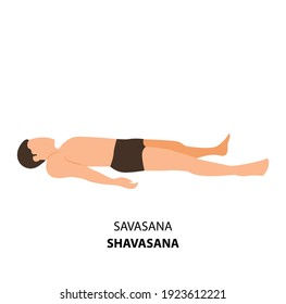 Man practicing yoga isolated on white background. Doing yoga asan. Man lying on the ground in Shavasana Corpse Pose or Mrtasana Vector Illustration. Yoga poses. The final pose of any yoga class.