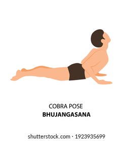Man practicing yoga isolated on white background. Man doing yoga Pose. Man lying on the ground in Cobra Pose or Bhujangasana pose, Vector Illustration. Yoga Asana Vector.