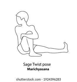 Man practicing yoga line icon isolated on white background. Man doing yoga pose. Man standing in Sage Twist Pose or Marichyasana  Pose, outline illustration icon. Yoga Asana linear icon