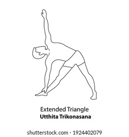 Man practicing yoga line icon isolated on white background. Man doing yoga pose. Man standing in Extended Triangle Pose Yoga or Trikonasana or Utthita Trikonasan Pose outline illustration icon. Linear