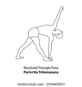 Hombre practicando el icono de la línea de yoga aislado en el fondo blanco. Hombre haciendo pose de yoga. Hombre parado en el Triángulo Revuelto Pose Yoga o Parivrtta Trikonasana Pose, icono de ilustración de contorno. Yoga Asana lineal