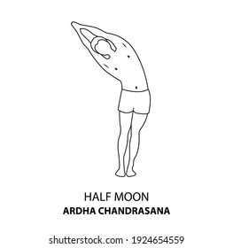 Man practicing yoga line icon isolated on white background. Man doing yoga pose. Man standing in Half Moon Pose Yoga or Ardha Chandrasana Pose, outline illustration icon . Yoga Asana linear icon
