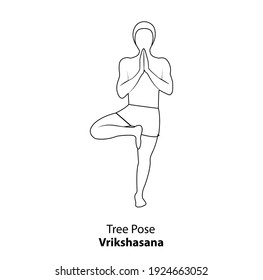 Mann, der eine Yoga-Linie praktiziert Symbol einzeln auf weißem Hintergrund. Mann, der Yoga Pose macht. Man steht in Baumposition oder Vrksasana oder Vrikshasana Pose, Umriss-Icon. Lineares Yoga-Asana-Symbol