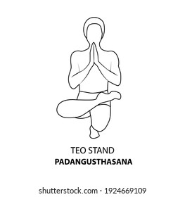 Hombre practicando el icono de la línea de yoga aislado en el fondo blanco. Hombre haciendo pose de yoga. Hombre de pie en el soporte de toe o Padangusthasana Pose, icono de ilustración de contorno. Icono lineal de Yoga Asana
