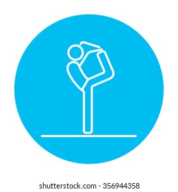 Man practicing yoga line icon for web, mobile and infographics. Vector white icon on the light blue circle isolated on white background.