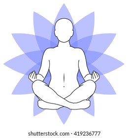 Man practicing yoga with lotus flower on a background