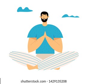 Man Practicing Yoga Meditation Outdoor in Lotus Pose for Less Stress. Healthy Lifestyle, Relaxation Emotional Balance, Fitness, Harmony with Nature, Summertime Life. Cartoon Flat Vector Illustration