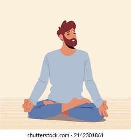 Man Practicing Yoga Meditation Sitting in Lotus Pose in Hall. Stress Reducing, Healthy Lifestyle, Relaxation Emotional Balance, Fitness, Harmony with Mind and Body. Cartoon Vector Illustration