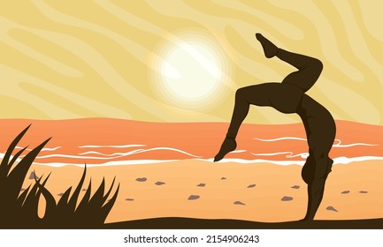 man practicing yoga on the beach scene