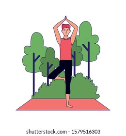 man practicing yoga at outdoors over white background, vector illustration