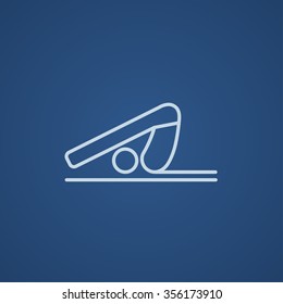 A man practicing yoga plough pose line icon for web, mobile and infographics. Vector light blue icon isolated on blue background.