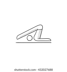 Ein Mann, der Yogapflug praktiziert, stellt eine Vektorgrafik-Symbol einzeln auf dem Hintergrund dar. Handgezeichneter Mann, der Yoga Pflug Pose Ikone praktiziert. Man in yoga plow Pose Sketch Symbol für Infografik, Website oder App.