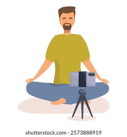 Man practicing yoga and recording online class with smartphone on tripod