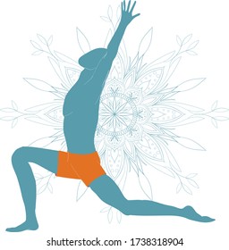 A man practicing yoga. Silhouettes with mandala on the background. Anjaneyasana or crescent moon pose. Vector illustration