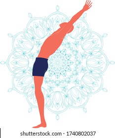 A man practicing yoga. Silhouettes with mandala on the background. Hasta Uttanasana or Standing Back Bend pose. Vector illustration