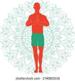 Un hombre practicando yoga. Siluetas con mandala en segundo plano. Pranamasana, o Pose de la Oración. Ilustración del vector