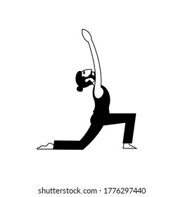 Man practicing yoga vector illustration in black and white. People training in yoga position character design