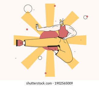  A man practises Japanese martial arts. Ninja fly style. Vector illustration for sport and activity contents, blog, vlog, telework, remote working and freelancing, business, start up and social media