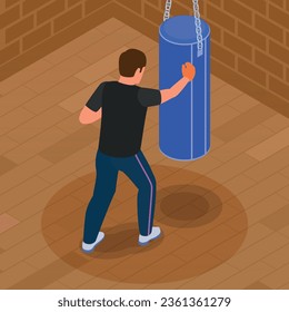 Man practising self defence in gym training with punching bag isometric concept vector illustration