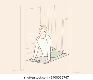 A man practising yoga at home and looking concentrated. Hand drawn style vector design illustrations.