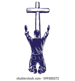 man praises God for the forgiveness of his sins, crucified on the cross symbol of Christianity hand drawn vector illustration, sketch