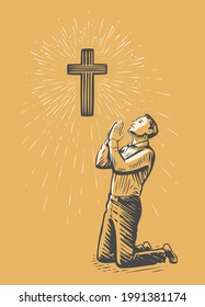 Man praises God in prayer. Worship, faith concept vector illustration