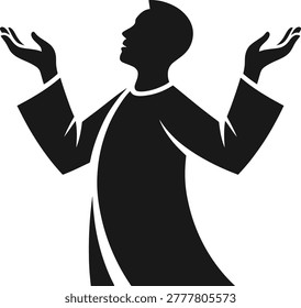 man praising with raised hands vector, worship and gratitude icon, black silhouette isolated on white background