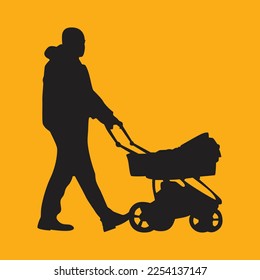 A man with a pram. Vector silhouette.

