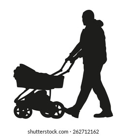 Man with a pram. Vector silhouette