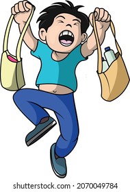 a man prances with joy, because he is satisfied shopping