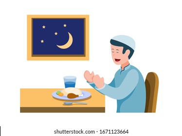 Man Pray Before Meal To Breaking The Fast, Muslim Activity Eating For Fasting In Ramadan Season. Cartoon Flat Illustration Vector