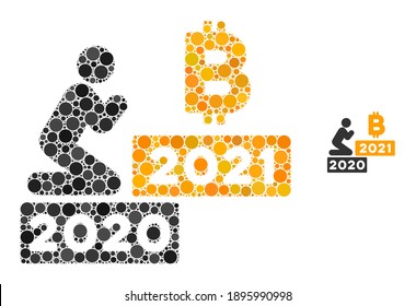 Hombre reza la composición de bitcoin 2021 de elementos de círculo en varios tamaños y tintes de color. Los elementos de la ronda vectorial se combinan en la composición de bitcoin de oración humana 2021.