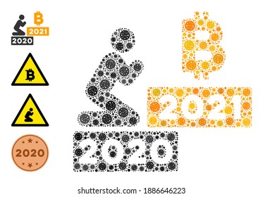 Man pray bitcoin 2021 covid mosaic icon. Man pray bitcoin 2021 collage is done of random viral pictograms. Bonus pictograms are added. Flat style.
