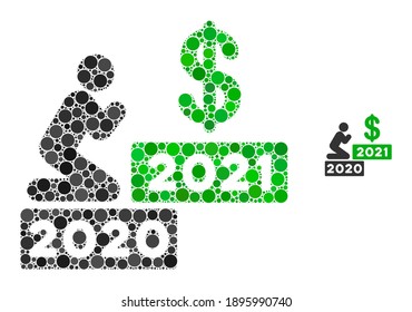 Man pray dollar 2021 composition of filled circles in various sizes and color tinges. Vector filled circles are organized into man pray dollar 2021 collage.