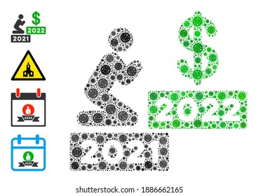 Man pray dollar 2022 covid-2019 mosaic icon. Man pray dollar 2022 collage is shaped of scattered infection icons. Bonus icons are added. Flat style.